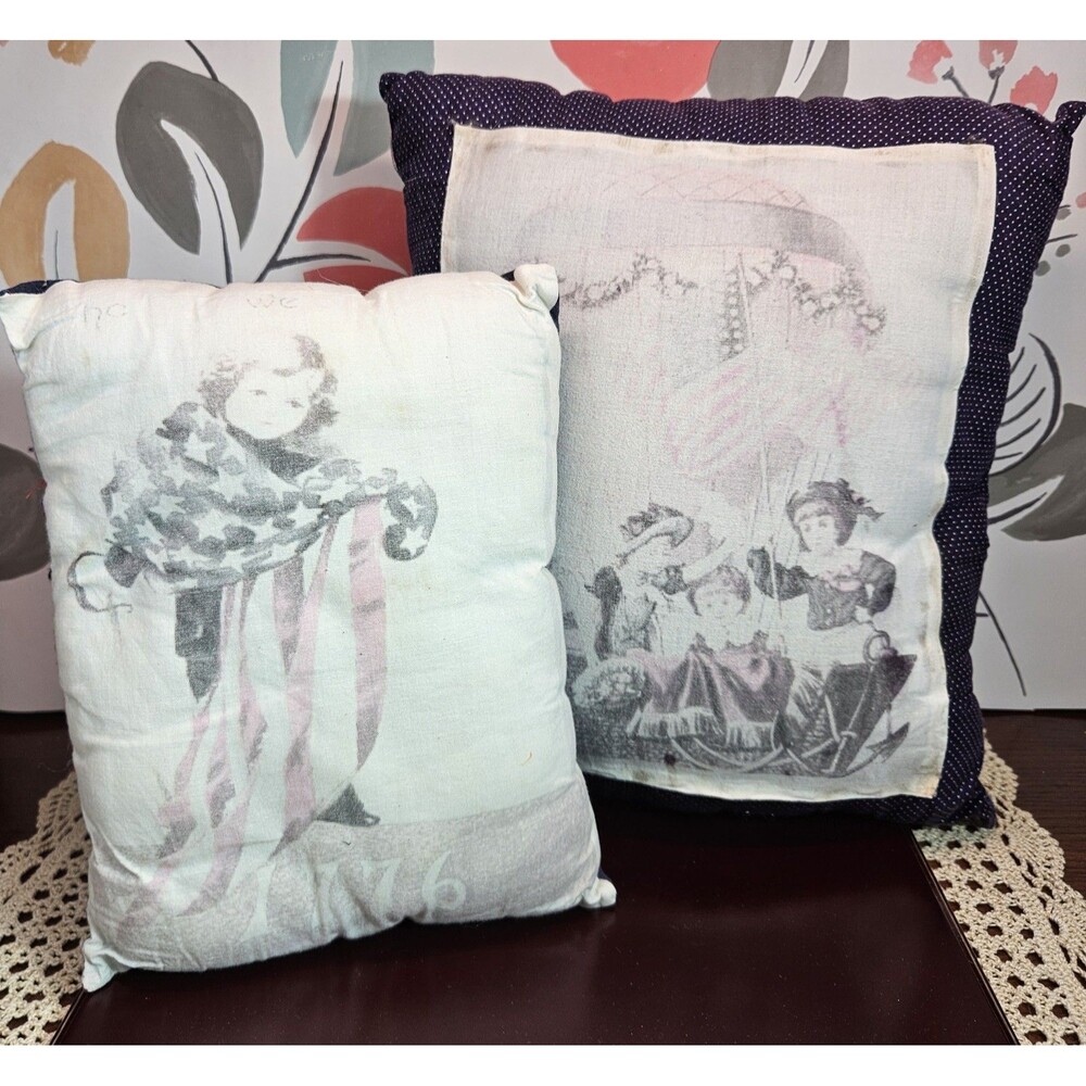 Pair of Handmade Faded Patriotic Pillows Antique Style Scenes (read)